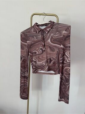 Nasty Gal Sheer Marble Print Long Sleeve Polo Top in Brown